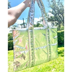 Bath and Body Works Tote Bag Silver Large Quilted Pockets Shoulder Strap